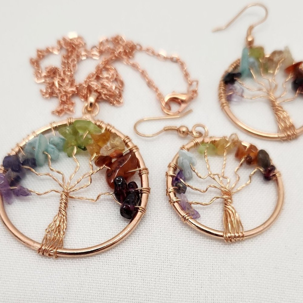 Tree Of Life Genuine Gemstones Pendant Necklace And Earrings #612 NWOT - Picture 9 of 11